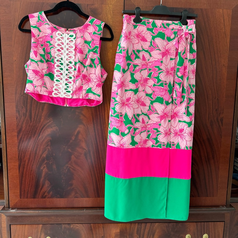 Lilly Pulitzer Leif Maxi Set Hibis Kiss Pink Green Size 8 - Picture 9 of 16